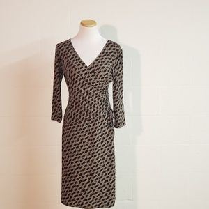 Evan Picone 8 Tan Black Geometric Wrap Dress